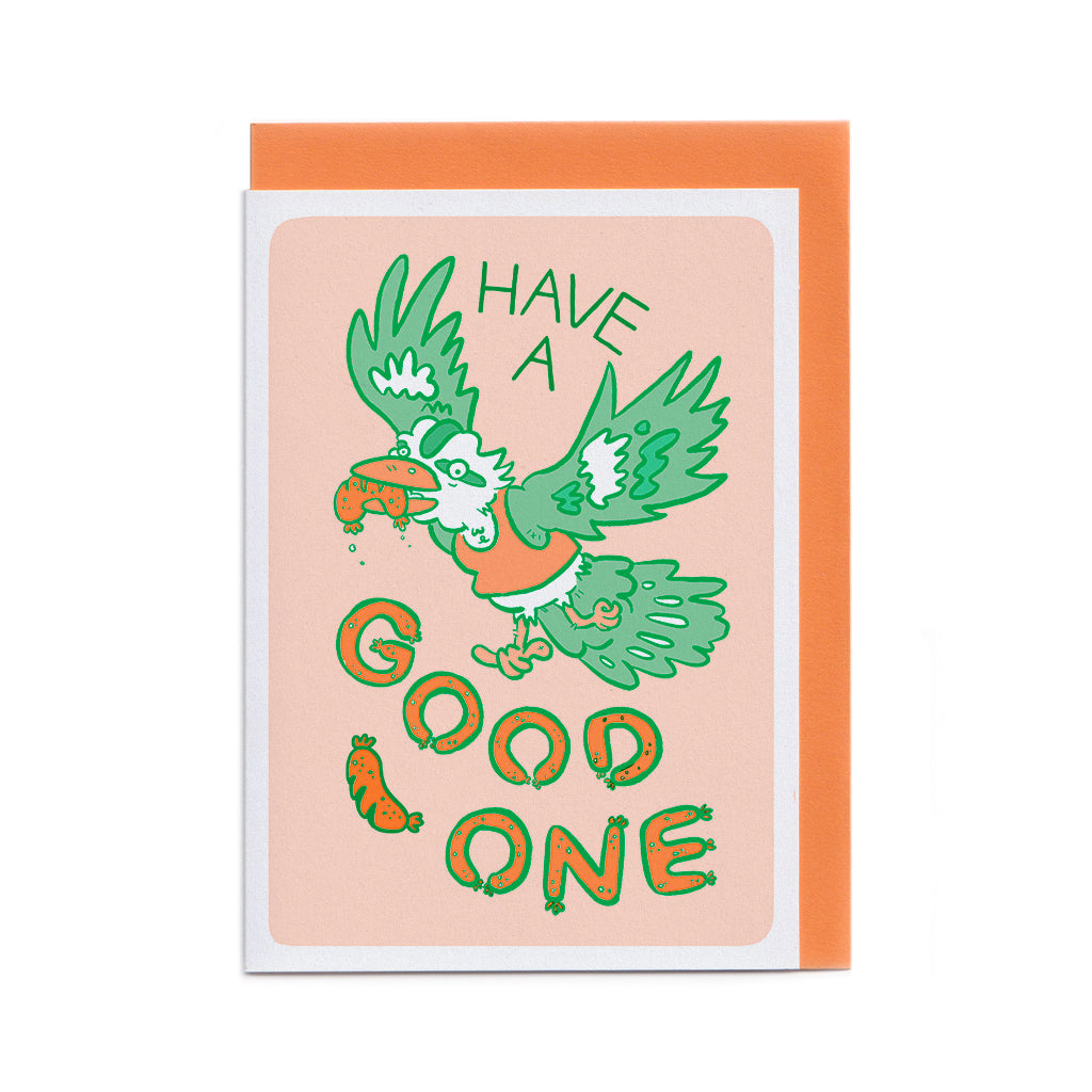 Greeting card with a green bird illustration and text on a peach background